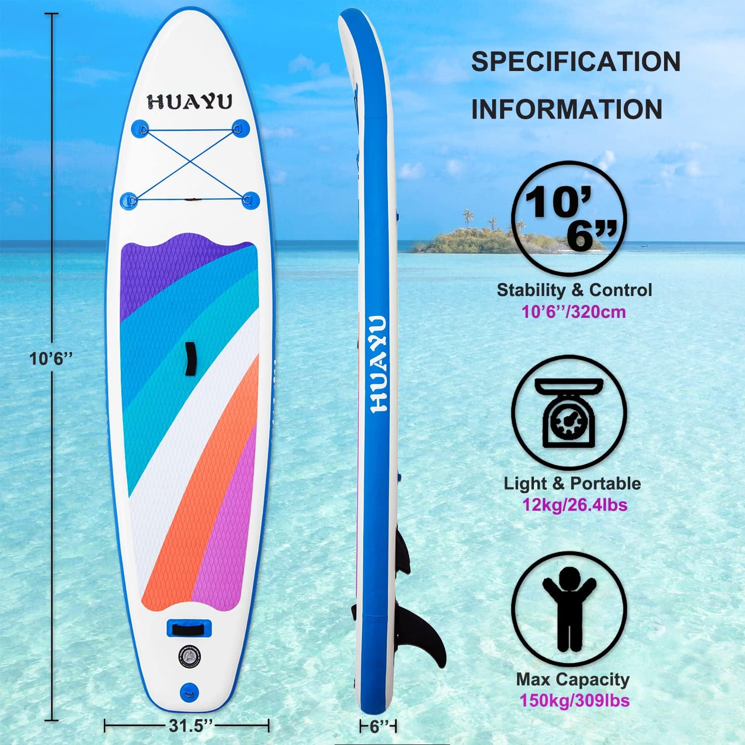 HUAYU Inflatable Stand Up Paddle Board, SUP Board with Premium SUP Accessories|Portable Carry Bag|Wide Stance, Bottom Fin for Paddling, Surf Control, Non-Slip Deck, Hand Pump|Youth&Adult Paddleboard