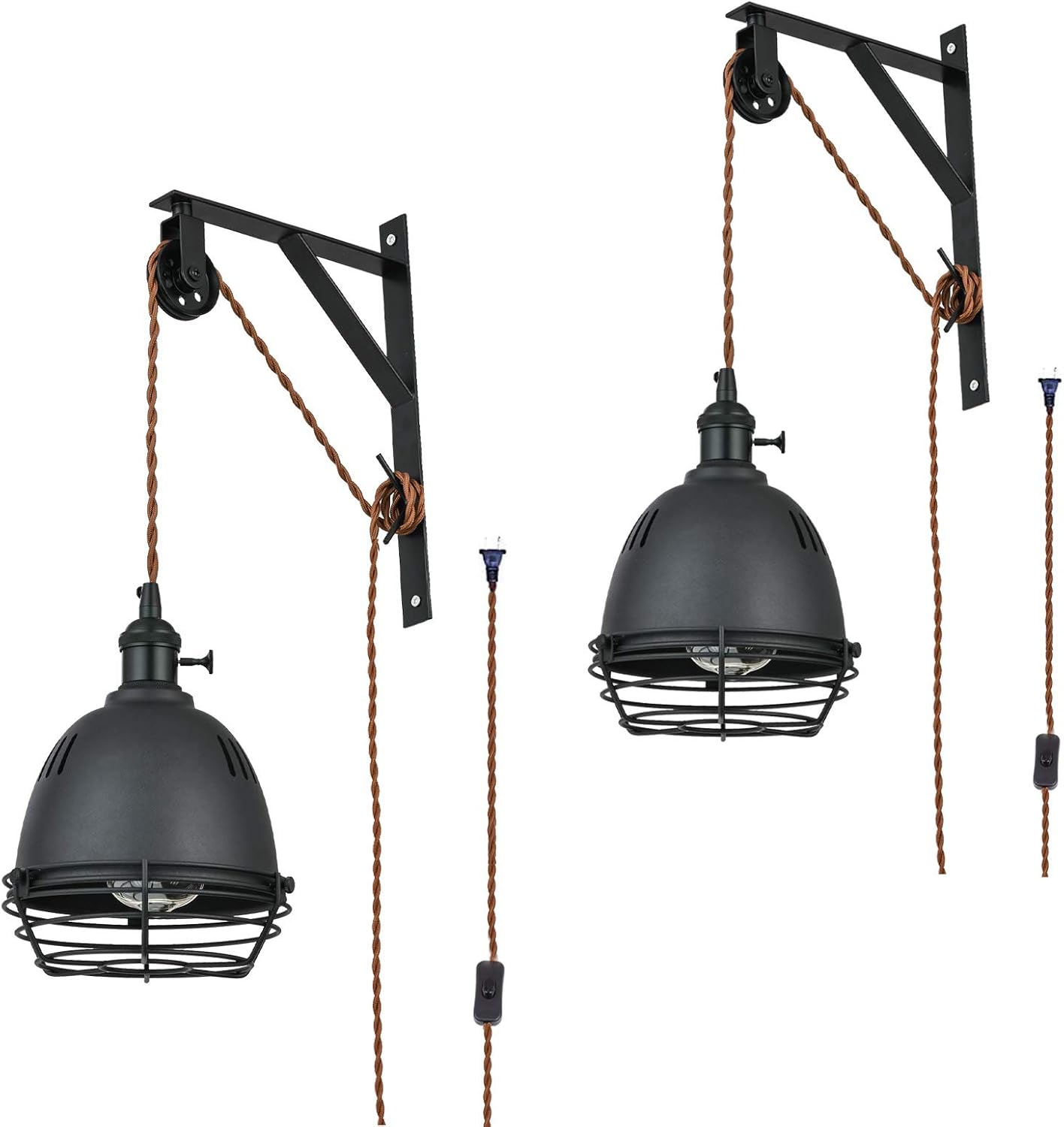 SEEBLEN Vintage Design Industrial Wheel Farmhouse Wall Mount Set of 2 ,Pulley Wall Pendant Lamp with 15-Foot Brown Plug and Switch , Adjustable Wall Sconce Sand Black Iron Cage Wall Light