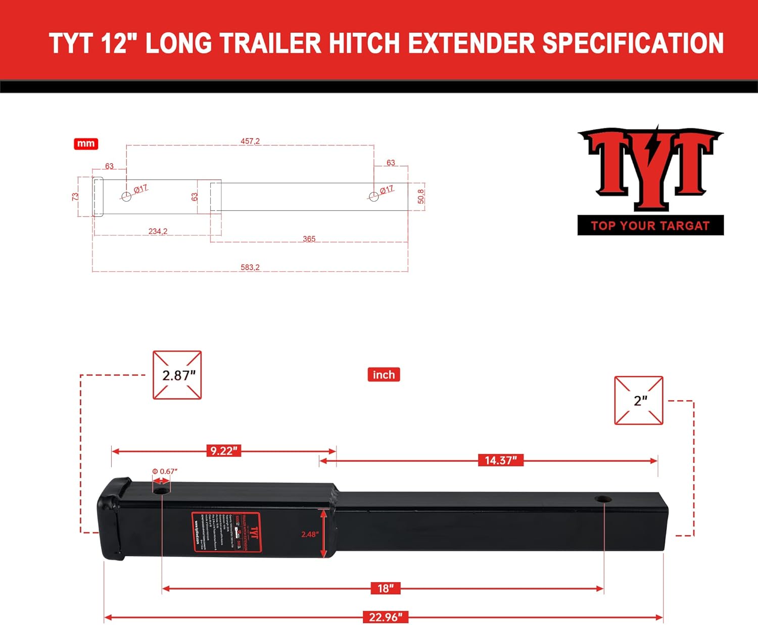 TYT Trailer Hitch Extension 12