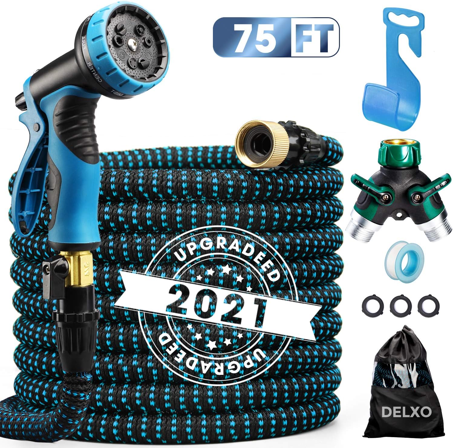 50ft Expandable Garden Hose Flexible Water Hose in 9 Functions, Heavy Duty with 3/4” Brass Fittings, High-Pressure Metal Spray Nozzle - Orange Pack of 2