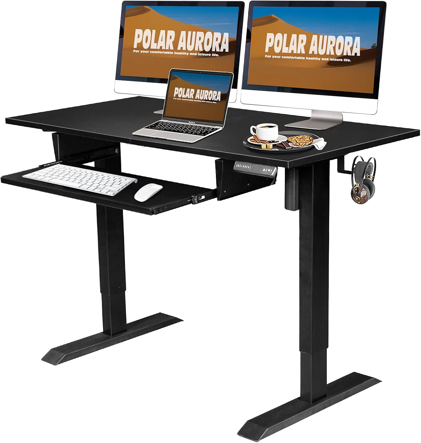 48 x 24 Inches Electric Height Adjustable Standing Desk Sit Stand Computer Desk Workstation w/Drawer & Hook for Home Office, Splice Board Black Frame/Rustic Brown Top
