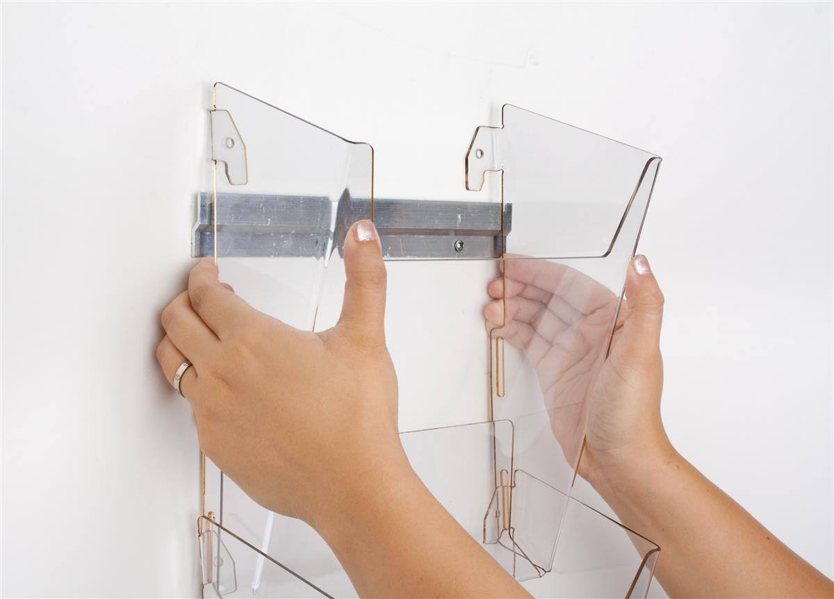 Tiered Magazine Rack for Wall Mount, 24 Half View Pockets for 8.5 inch x 11 inch Catalogs, Clear Plastic (2uprm9hfx3)