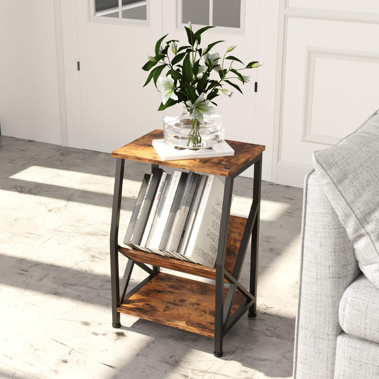 IRONCK Side Tables Living Room, Farmhouse Industrial End Table with Storage Wood Look Industrial Accent Table, MDF Board with Metal Frame, Vintage Brown Pack of 2