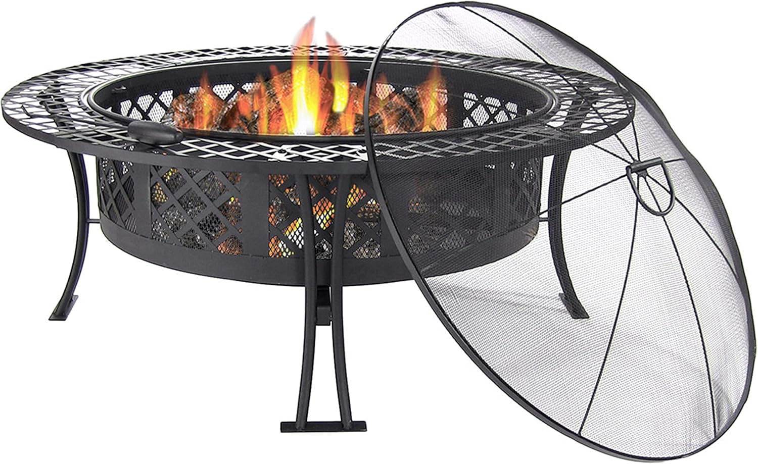 Sunnydaze Diamond Weave Outdoor Steel Fire Pit with Spark Screen - Large 40-Inch Round Wood-Burning Backyard & Patio Fire Pit - Durable Spark Screen & Fireplace Poker
