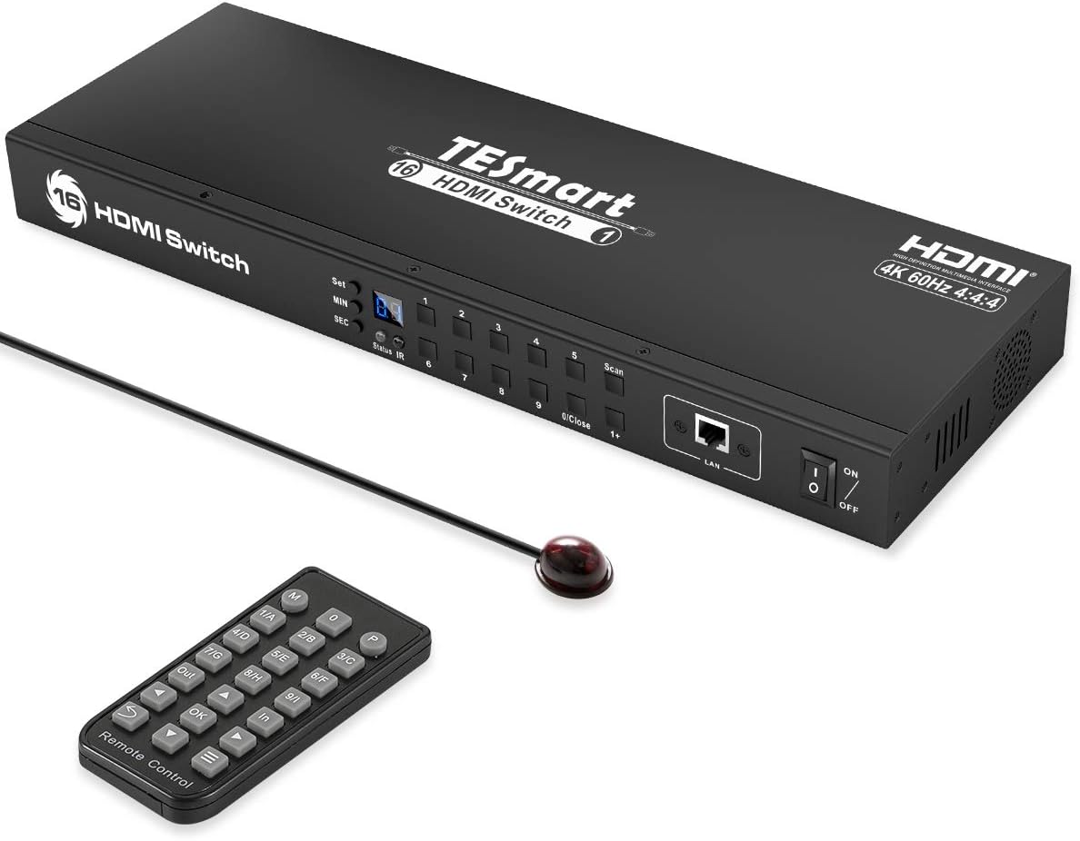 TESmart 16×1 HDMI Switch 16 in 1 Out 4K@60Hz HDCP 2.2 with 19-inch Rack-Ears | RS-232 / LAN Control | IR Remote Control and Auto Switch | Auto Scan Time Interval - Black