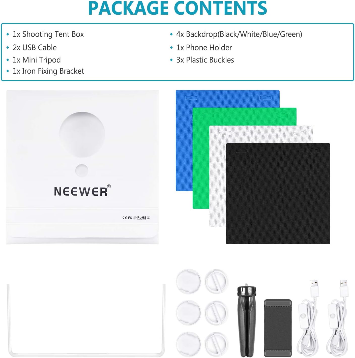 Neewer 16x16 inches Photography Table Top Light Box with 2 LED Strips, 14W Foldable Photo Studio Shooting Tent with 4pcs Colors Backdrops/6500K/USB Powered/Mini Tripod & Phone Holder Included Pack of 2