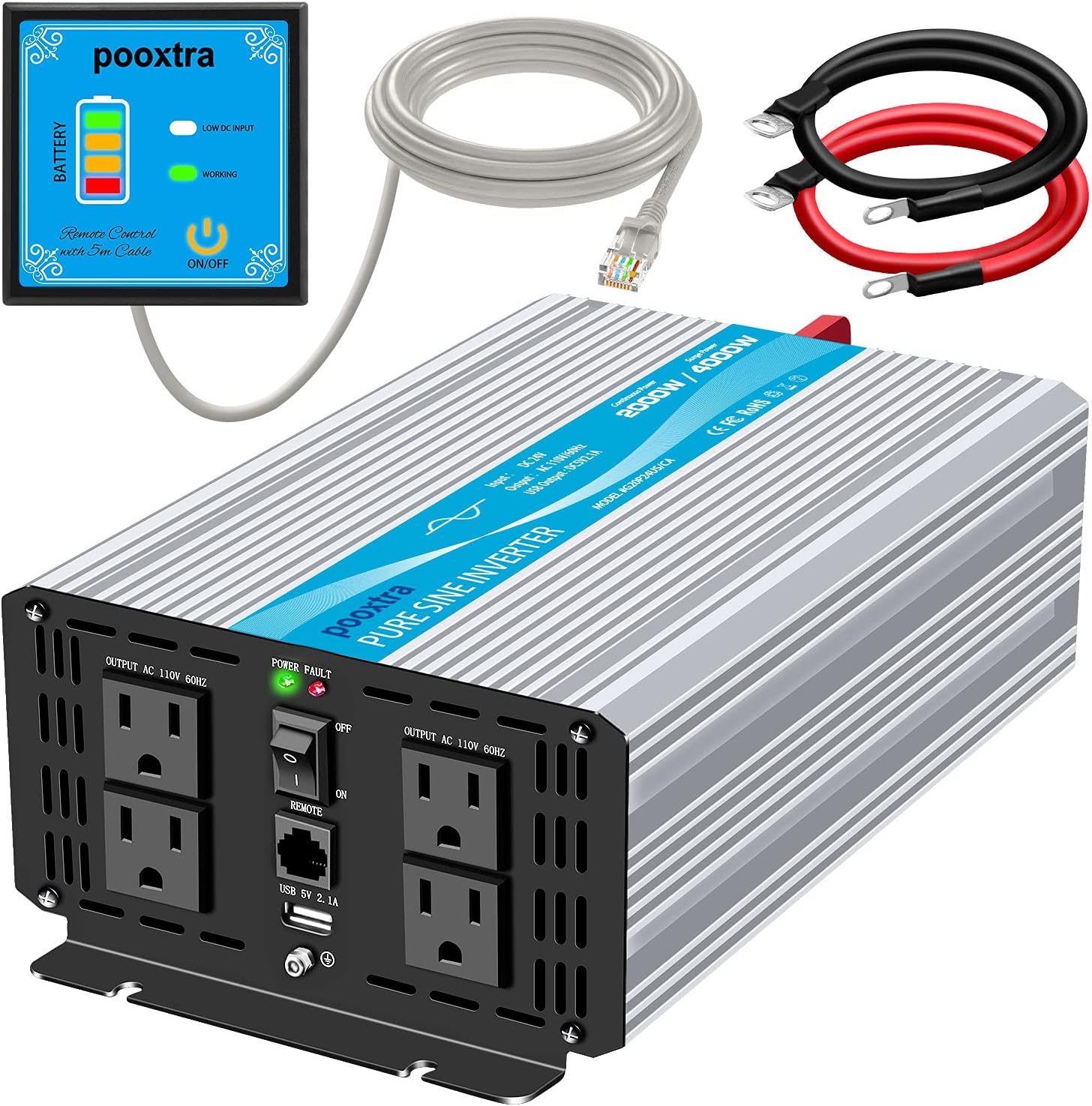 pooxtra 2000W Power Inverter Pure Sine Wave 24V to 110V Inverter with 4 AC Outlets and 2.1A USB Port & Remote Controller for RV Trucks Boats and Emergency (4000W Peak)