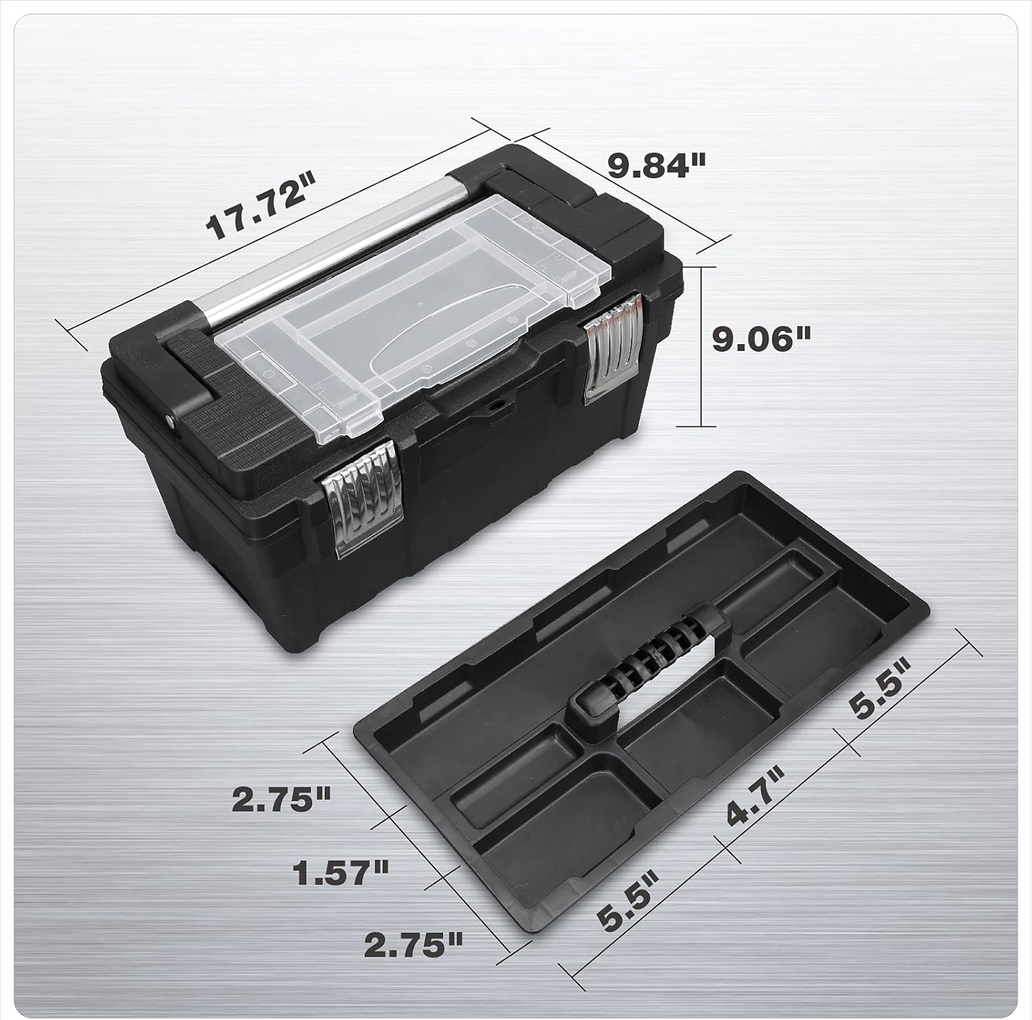 Jack Boss Tool Organizer Box 18 Inch Durable Tool Storage Box with Portable Removable Tray,Alum Alloy Handle,Tool Box with 2 Metal Snap Lock