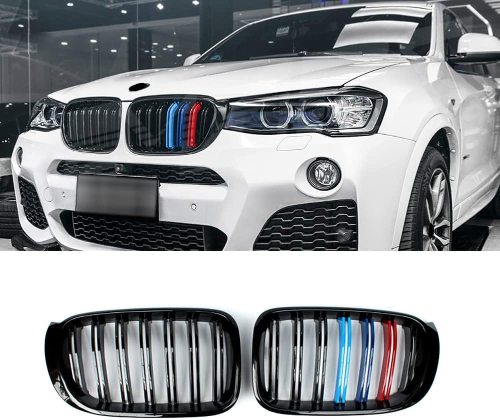 SNA F25 Grill Compatible with BMW 2015-2017 X3 F25, 2015-2018 X4 F26 Front Kidney Grille Gloss Black ABS with Double Slats, 2-pc Set Pack of 2
