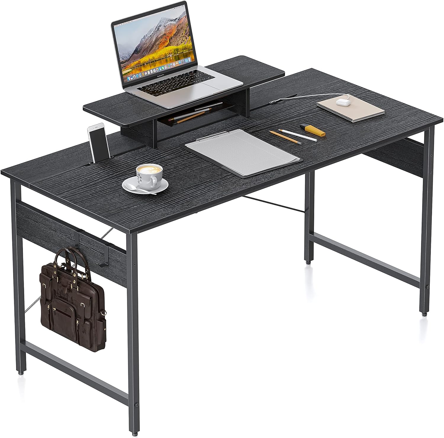 Cubicubi Study Computer Desk 47 Inch Home Office Desk with Storage Table, Modern Writing Style PC Table with Mobile Phone Bracket and Hooks, Black