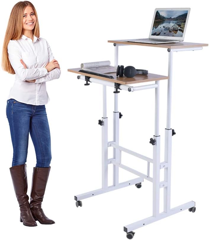 AIZ Mobile Standing Desk, Adjustable Computer Desk Rolling Laptop Cart on Wheels Home Office Computer Workstation, Portable Laptop Stand for Small Spaces Tall Table for Standing or Sitting, Oak