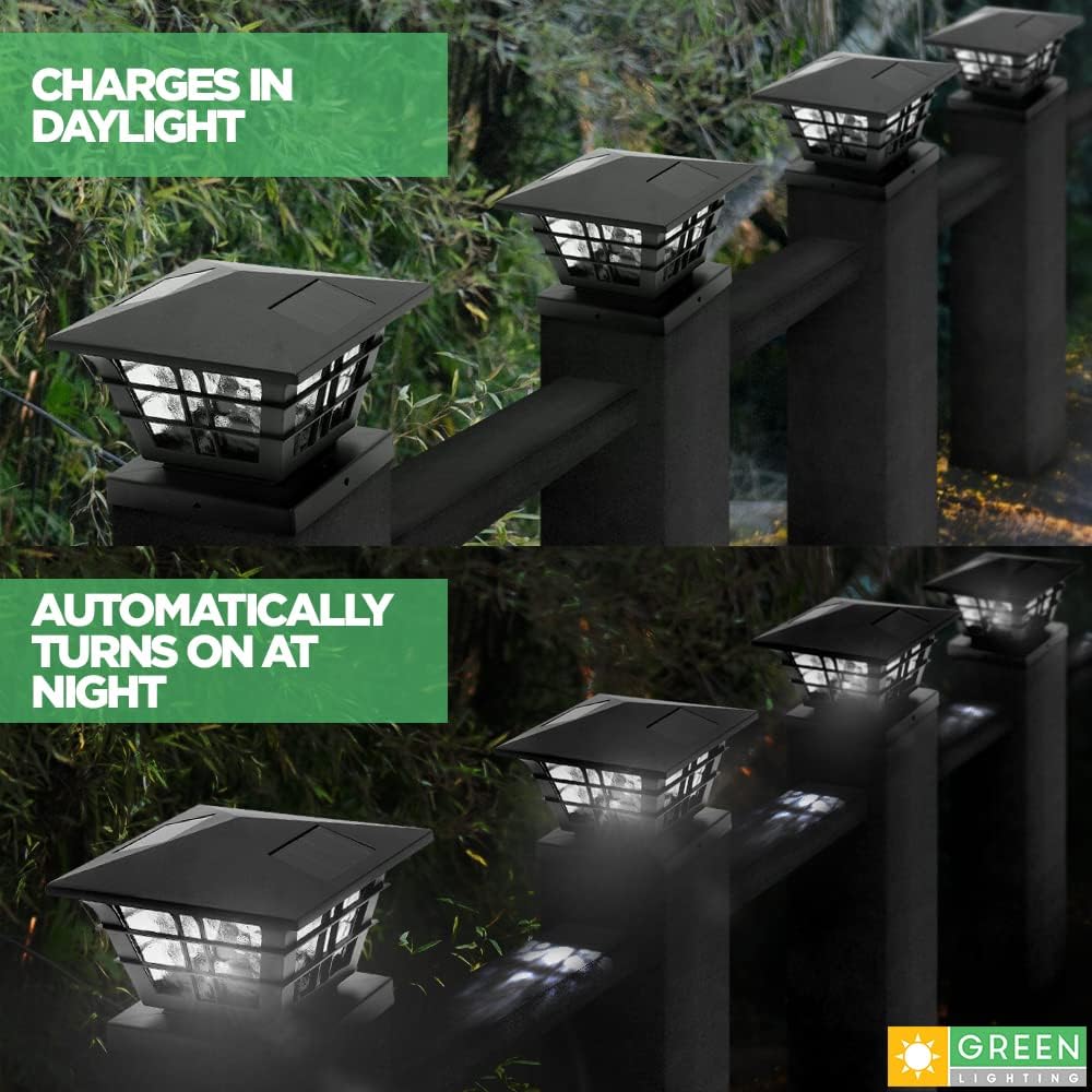 GreenLighting 12 Pack Cape Cod 5x5 Solar Powered Post Cap Light with 4x4 Base Adapter, Fits 5 inch and 4 inch PVC Posts (Black)