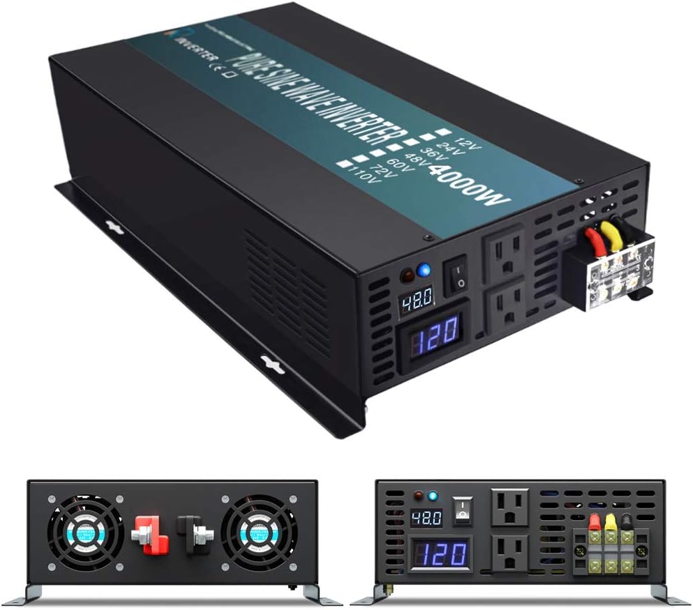 WZRELB 4000W Heavy Duty Pure Sine Wave Solar Power Inverter DC 48V to AC 110v 120V Backup Power with 2 AC Outlets with Hardwire Terminal and LED