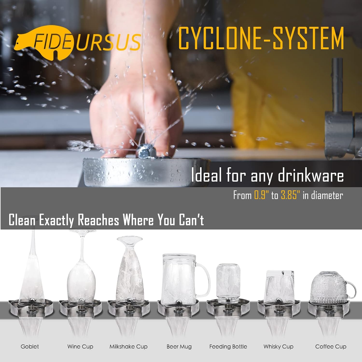 FIDEURSUS Rotating Jet Glass Rinser for Kitchen Sink Metal Cup & Baby Bottle Washer & Cleaner for Home & Bar Glass Cleaner for Kitchen, Home & Bar Sink Accessories | Stainless Steel Brushed Nickel