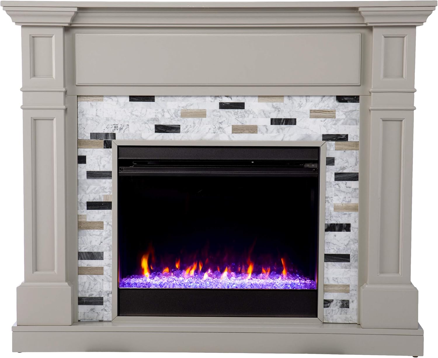 SEI Furniture Birkover Color Changing Electric Fireplace w/ Marble Surround, Gray/ Black/ White