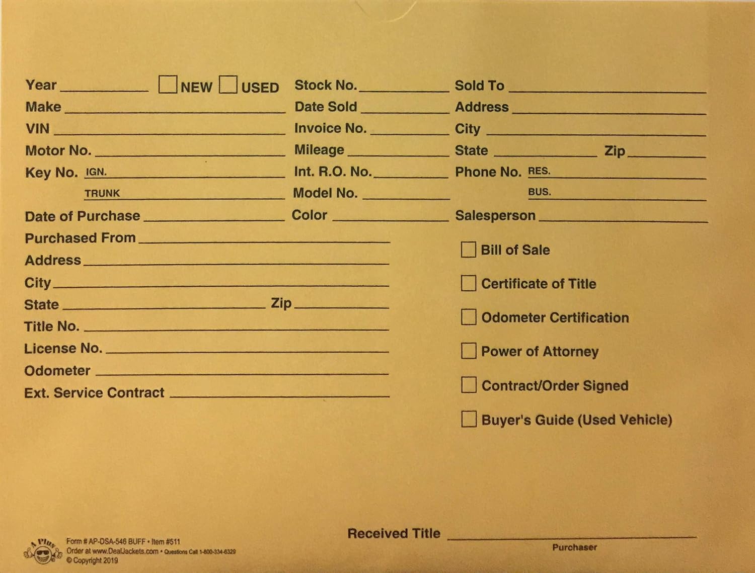 A Plus Printed Vehicle Dealer File Jacket Buff #511, 12