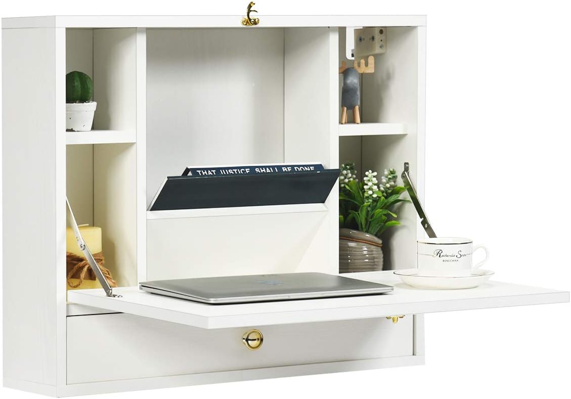 Tangkula Wall Mounted Desk, Multi-Function Floating Desk Wall Mount Laptop Desk, Space Saving Wall Mounted Table Wall Desk with Storage Drawer and Shelves (White)