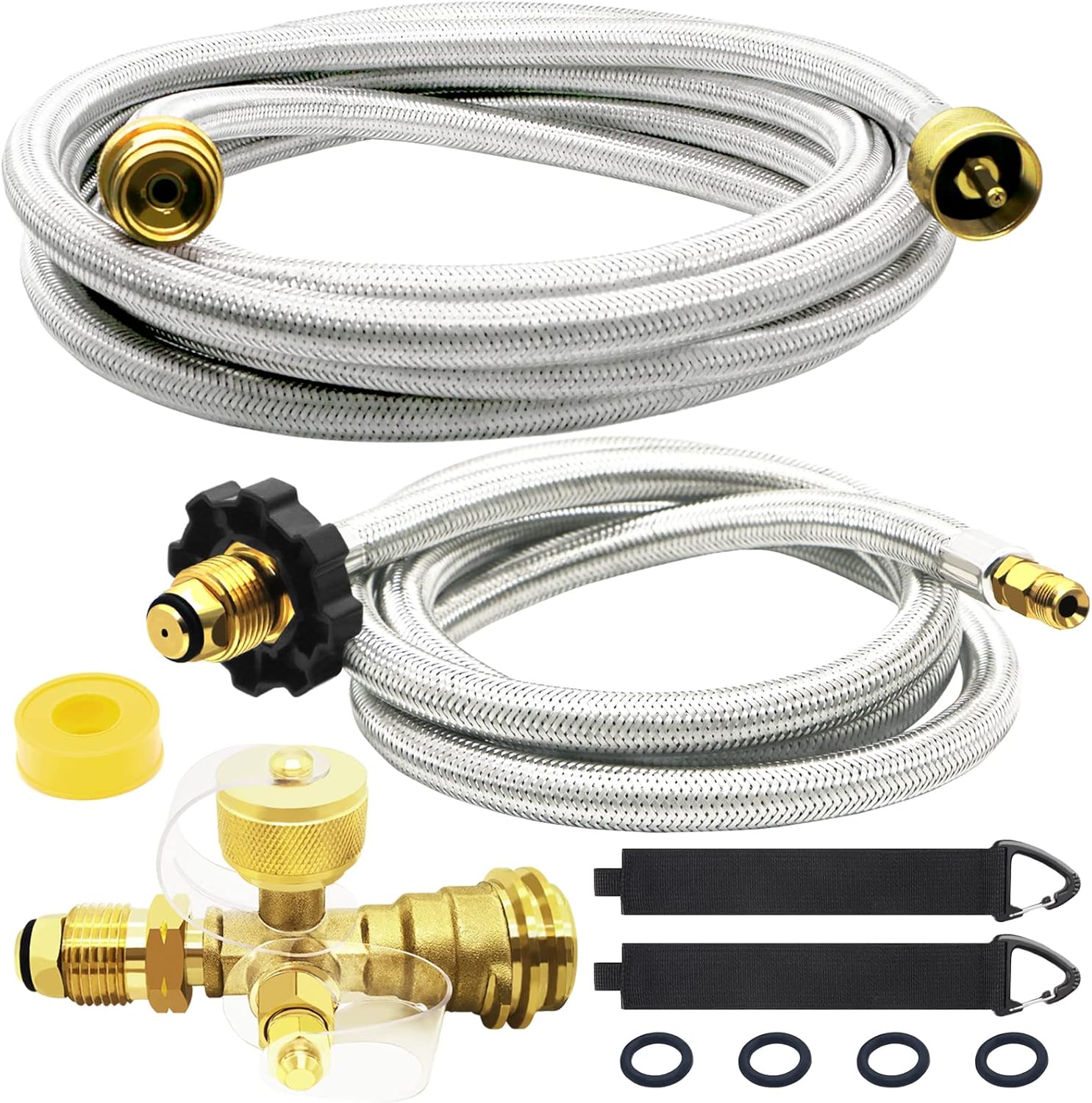 GardenNow Upgraded Propane Brass 4 Port Tee Kit Propane Brass Tee Adapter Kit with 5FT and 12FT Stainless Braided Hoses Allow for Connection Between Auxiliary Propane Cylinder and Propane Appliances Pack of 2