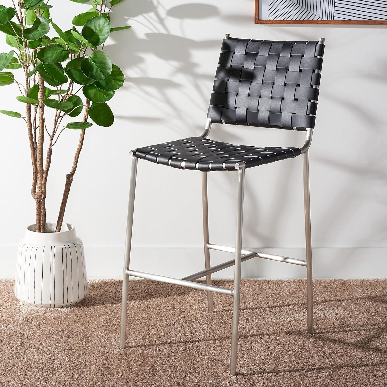 SAFAVIEH Home Collection Olenna Black Woven Leather/ Silver 26-inch Kitchen Island Breakfast Nook Counter Stool (Fully Assembled)