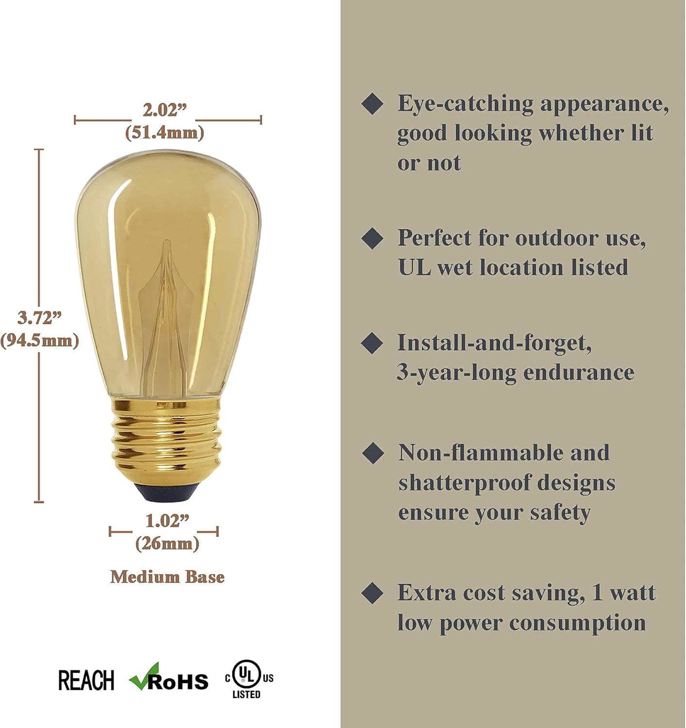 Antique Style Edison S16(Enlarged S14) LED Bulb, Amber Warm 2200K, Outdoor Waterproof Shatterproof, 1 W Low Wattage (10W Equivalent), E26 Medium Base, 25 Pack
