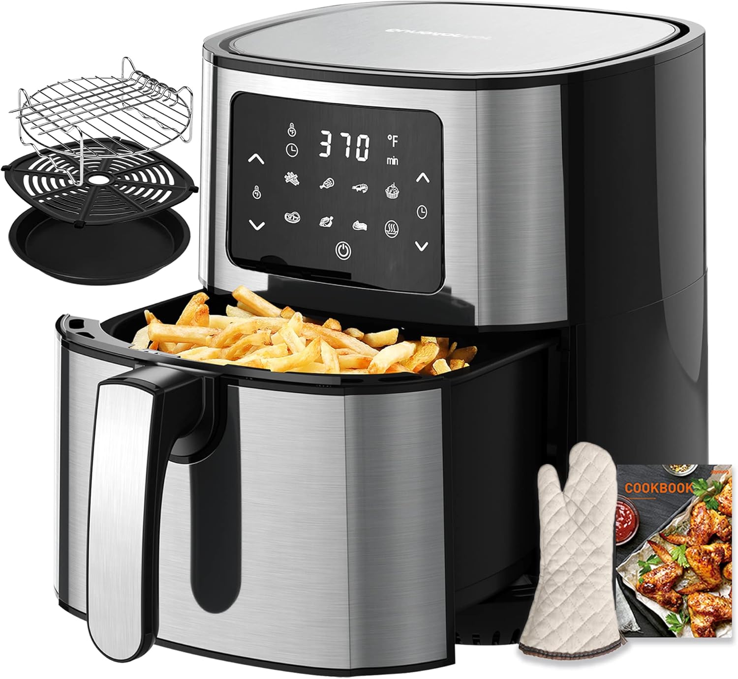 JOYOUNG Air Fryers 5.8Qt Big Capacity Air Fryer Toaster Oven, 8 Presets with Air Fryer Oven Cookbook, 4 Accessories, 1400W, LED Digital Screen, Stainless Steel