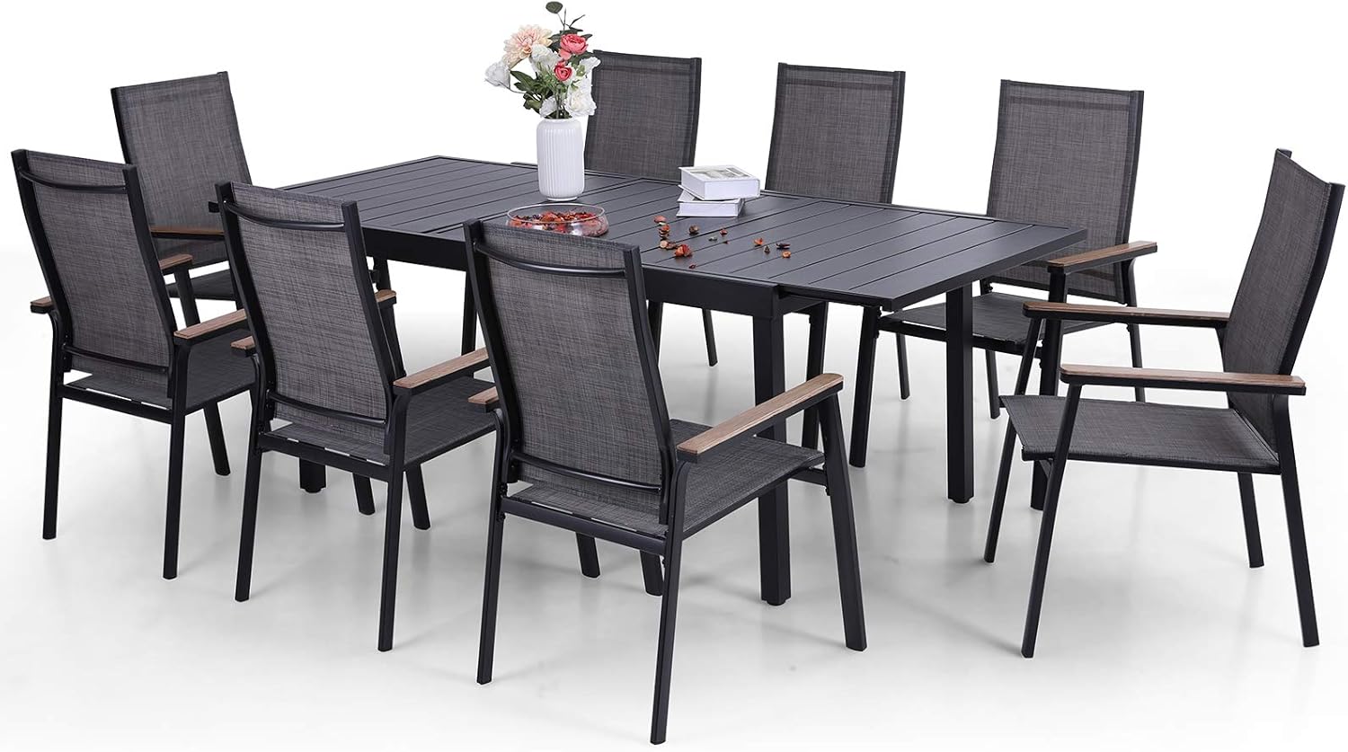 Sophia & William Patio Dining Set 9 Pieces Patio Furniture Set for 8 Aluminium Patio Dining Chairs Stackable with 1 Expandable 6-8 Person Dining Table Patio Set for Outdoor Lawn Garden Backyard Pool