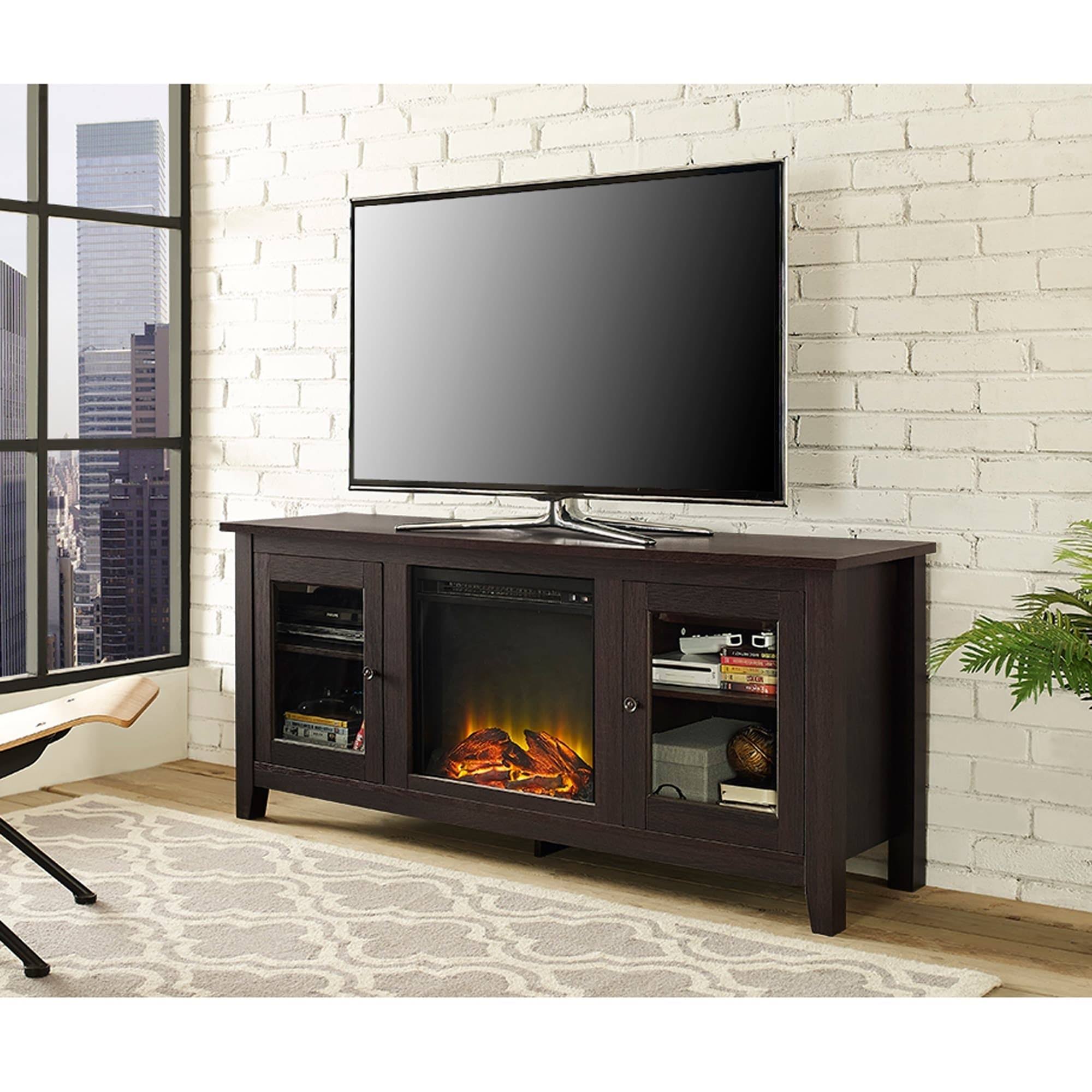 WE Furniture Espresso Fireplace TV Stand with Glass Doors