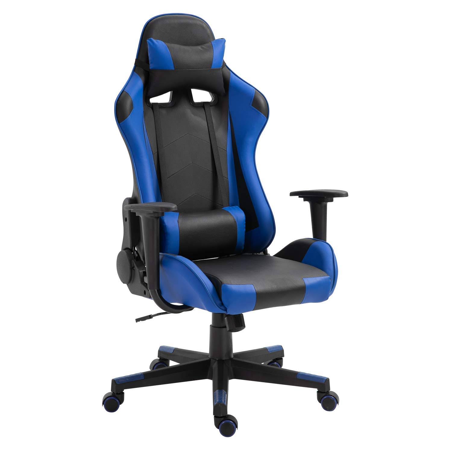 Modern-Depo Gaming Chair with Headrest and Lumbar Support, Height Adjustable Swivel Office Chair High-Back Recliner, Black Blue