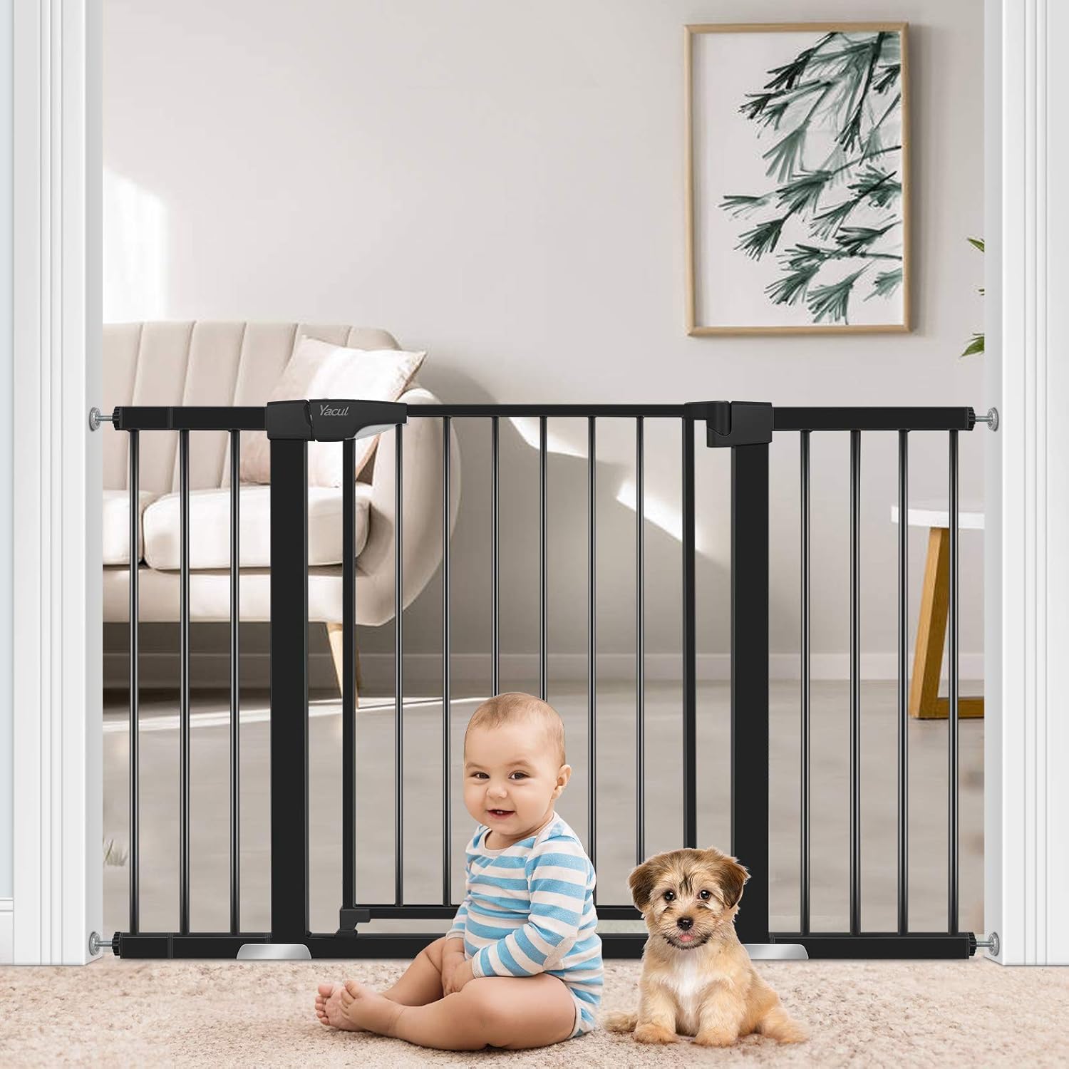 Yacul Extra Wide Baby Gate with Door, for Openings 29.53”~51.5”, Tall 30” Black