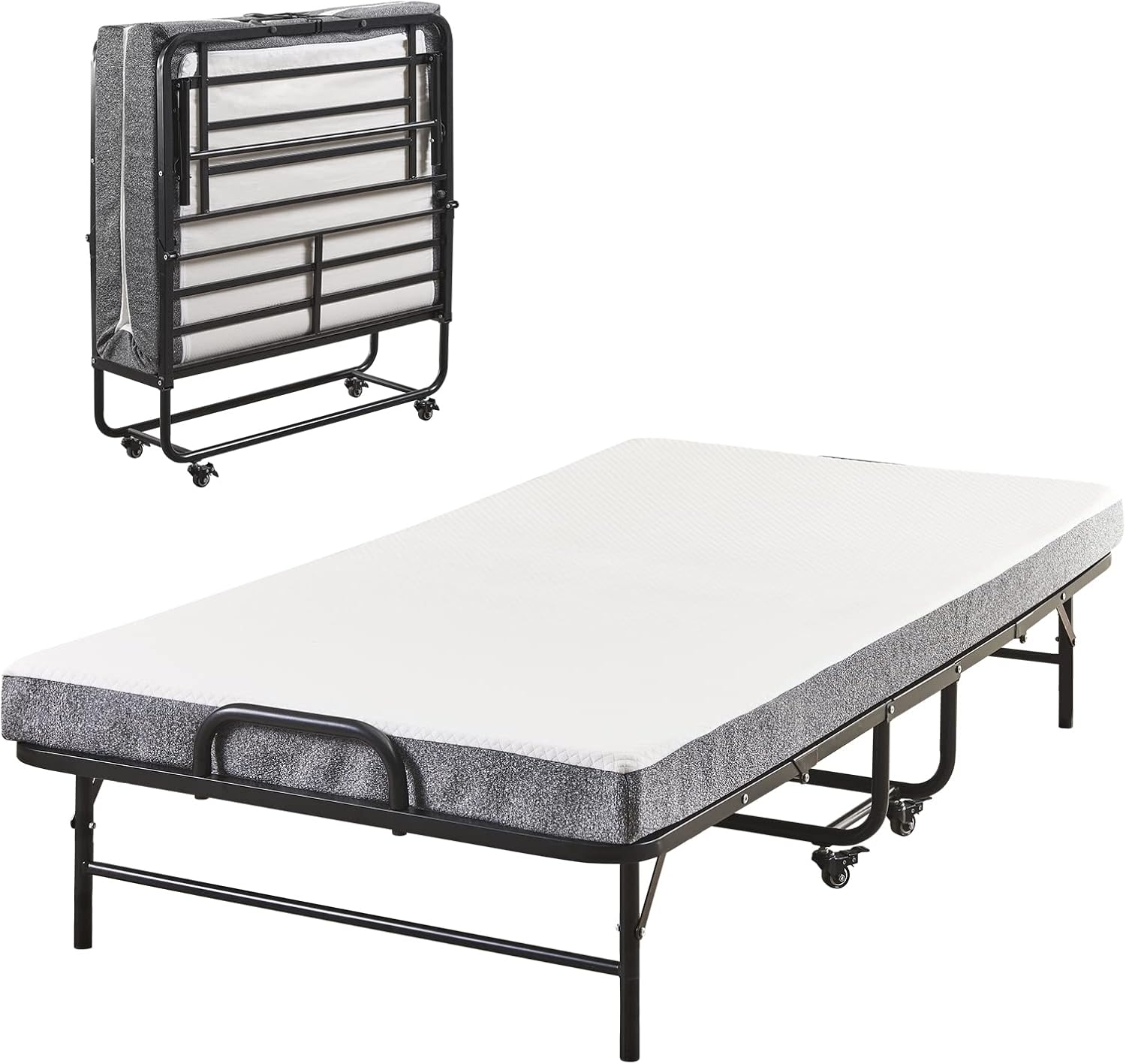 Folding Bed with Mattress Twin Size, Portable Foldable Guest Bed for Adults, Rollaway Bed with Memory Foam Mattress, Space-Saving Sturdy Metal Frame, 75” x 38”