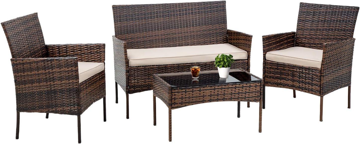 FDW Patio Furniture Set 4 Pieces Outdoor Rattan Chair Wicker Sofa Garden Conversation Bistro Sets for Yard,Pool or Backyard