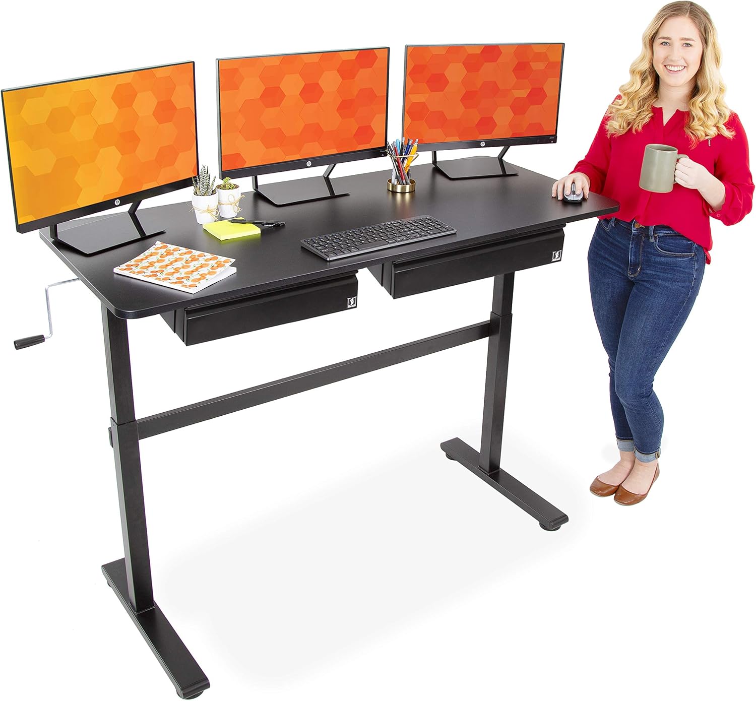 Stand Steady Tranzendesk 55 Inch Standing Desk with 2 Under Desk Drawers | Easy Crank Height Adjustable Stand Up Workstation with Extra Storage (55 in/Black)