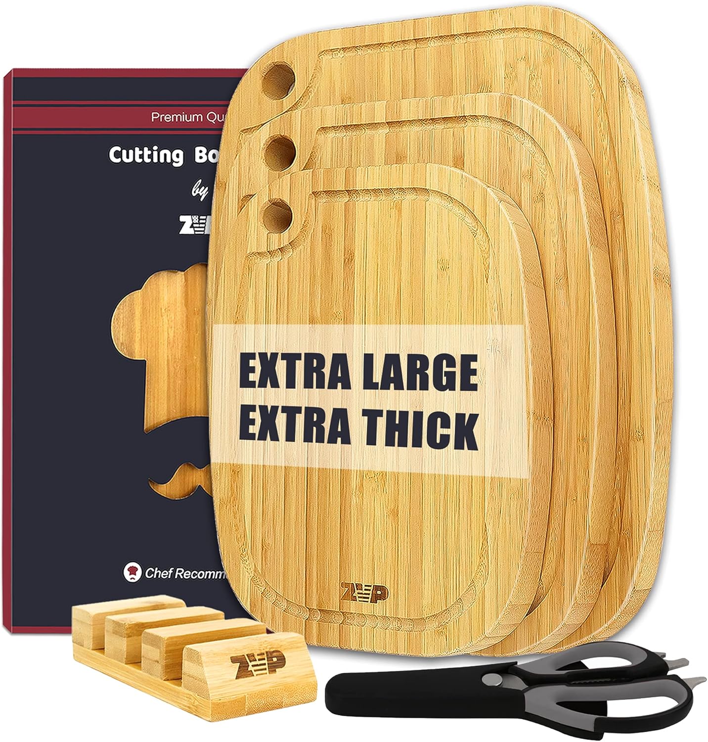 ZVP Extra Thick Bamboo Cutting Board for Kitchen 5 Pieces, Extra Large Wood Chopping Board Set with Multifunctional Kitchen Scissors, Storage Holder, for Meat Cheese and Vegetables, Walnut Brown Pack of 2