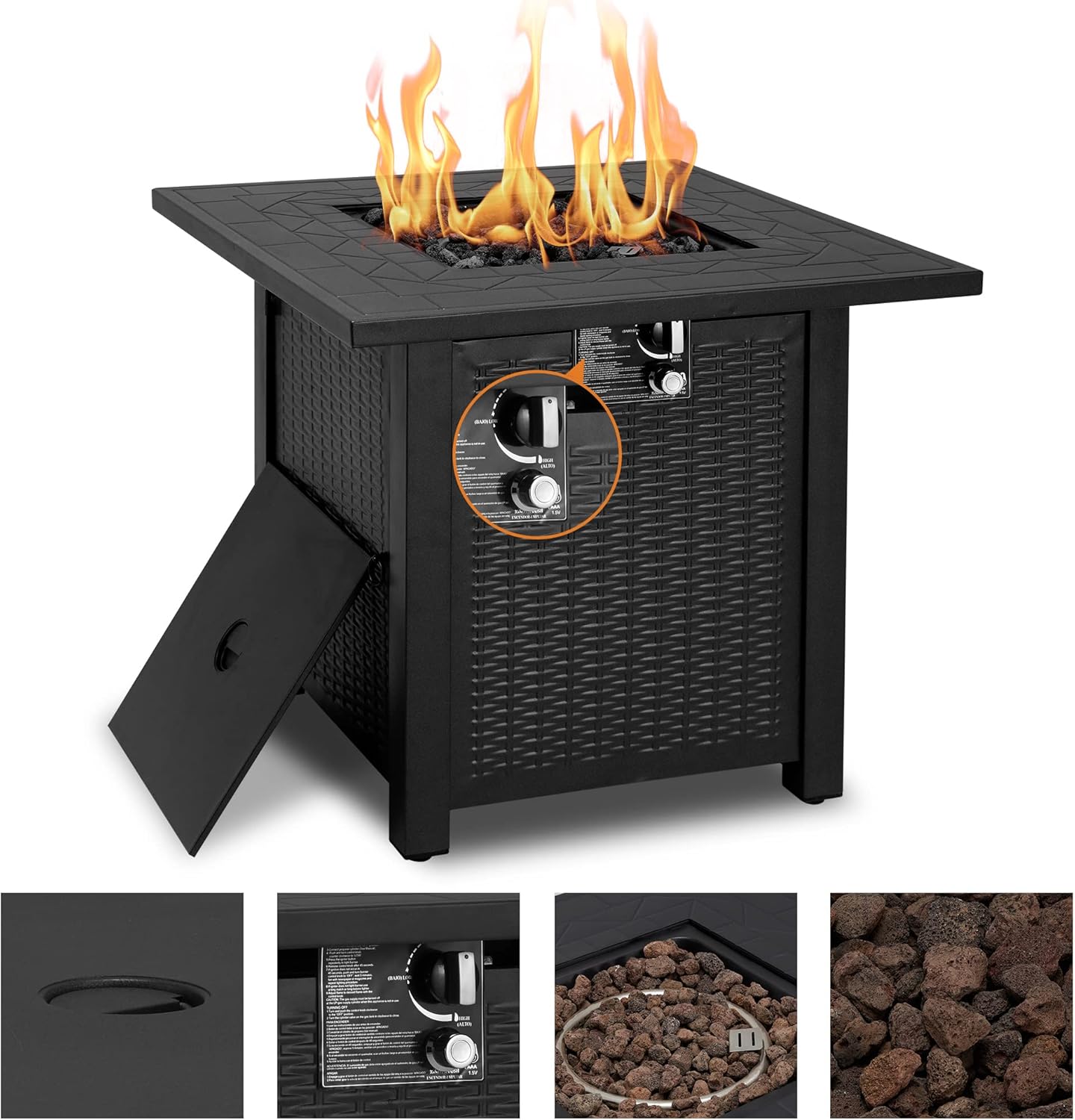 ECOTOUGE 28 Inch Propane Fire Pit Table(Wicker & Rattan, Square), 50,000 BTU Outdoor Gas Fire Table with Lava Stone, Lid, ETL CSA Certification for Outside Garden, Backyard, Deck, Patio(Brown)