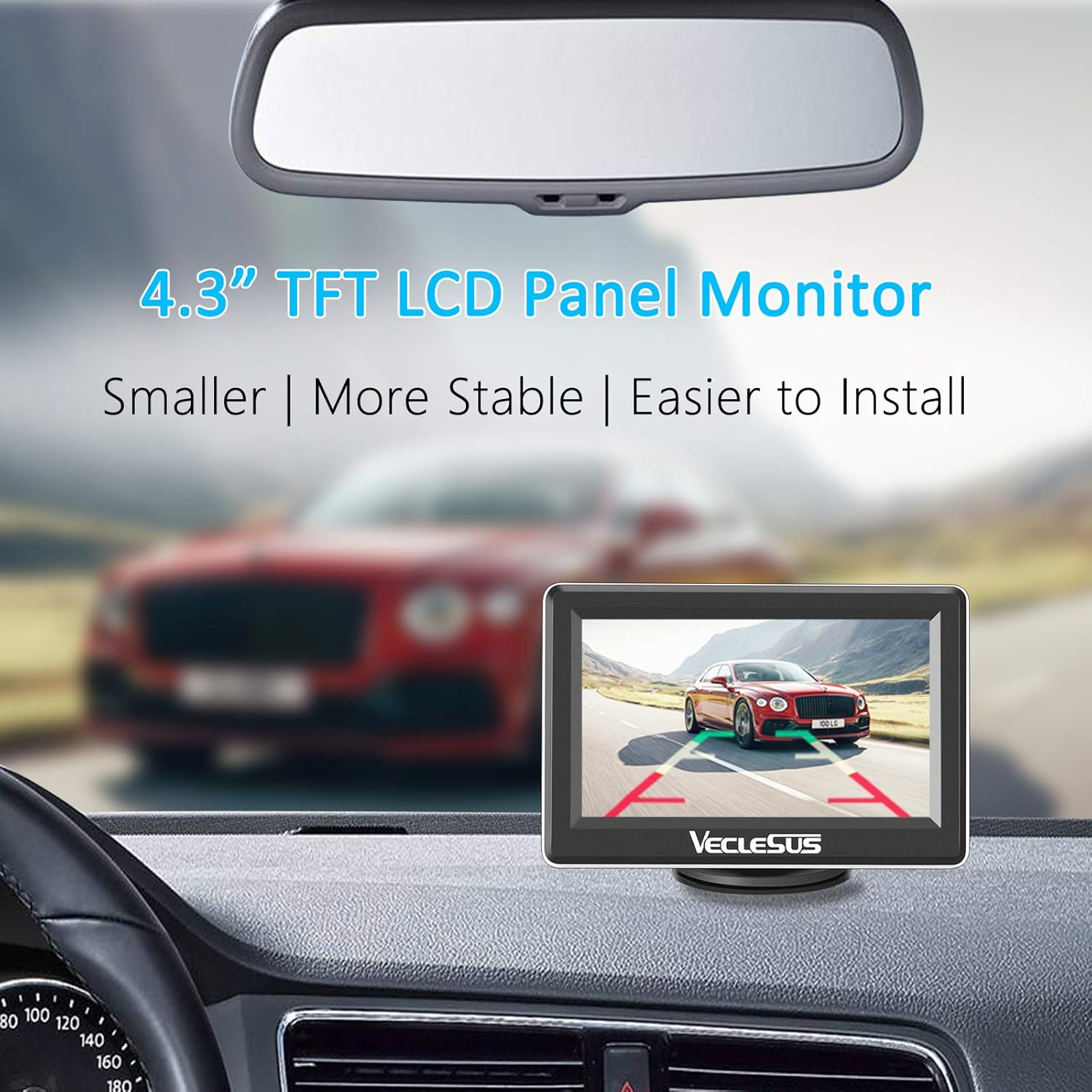 VECLESUS WM1 1080P HD Wireless Backup Camera System, 4.3” LCD Wireless Monitor, Superior Night Vision Wide Viewing Angle Stable Signal Wireless Rear View Camera for Car, Sedan, SUV, Pickup Minivan