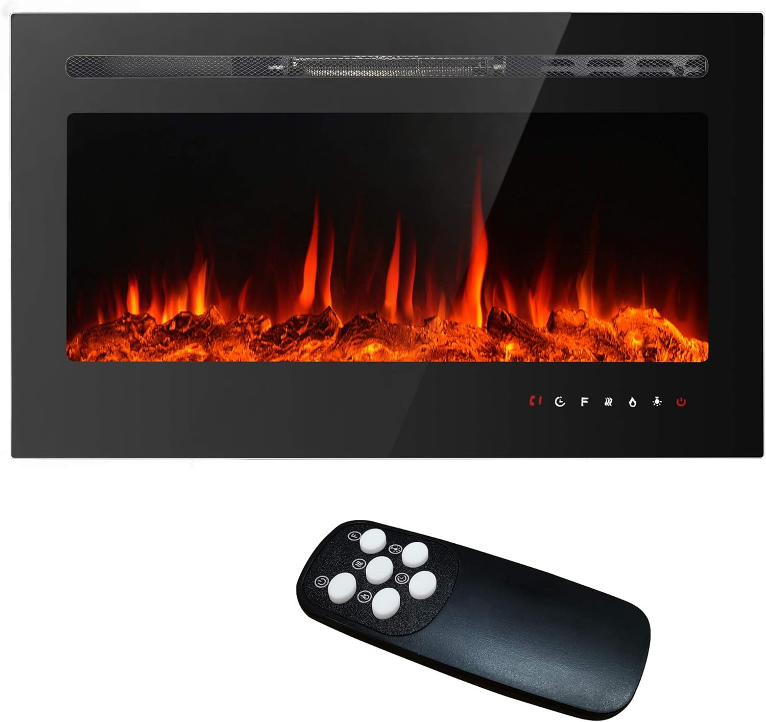 iw I WISH 36 inch Electric Fireplace, Recessed and Wall Mounted Electric Heater, Remote Control with Timer, Adjustable Flame Color, Touch Screen, 750/1500W, Logset & Crystal, Black