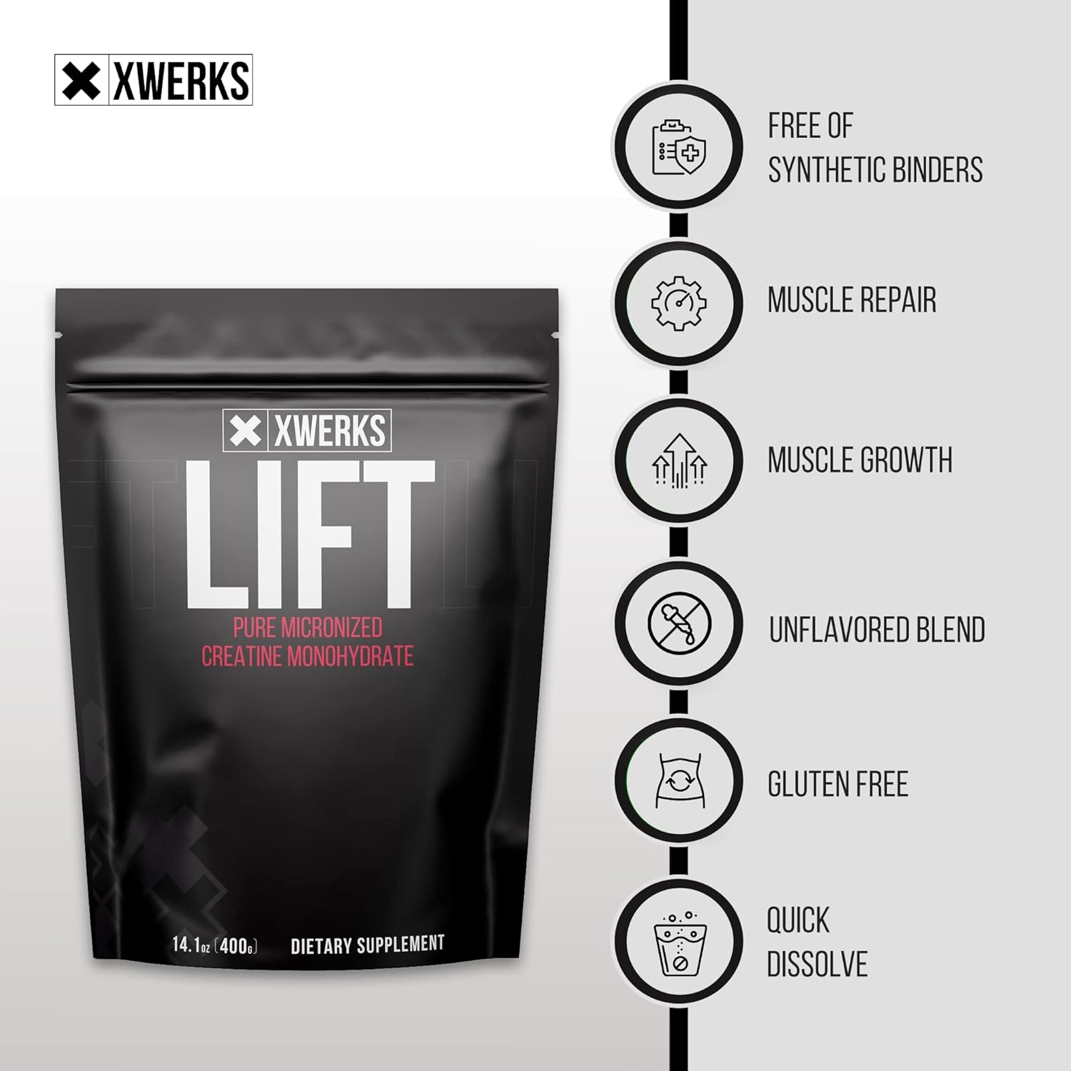Xwerks Lift Pure Creatine Monohydrate Powder - 80 Servings - Raw 100% Natural 5000mg Formula Micronized Creatine - Highly Soluble Supplements for Power Strength Muscle Growth and Repair - Unflavored Pack of 2