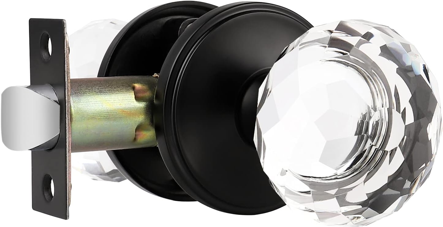 Orger 5 Pcs Crystal Dummy Door Knobs for French Door, Dummy Bi-fold Door Knobs with Black Finish, Round Faceted Glass Interior Door Handles for Single Side