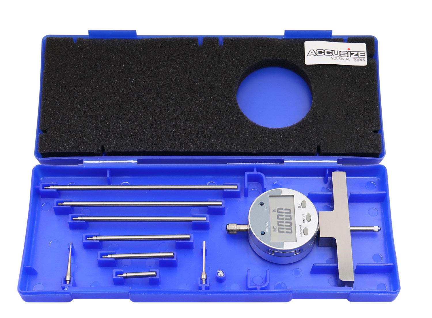 Accusize Industrial Tools - 0-22 inch Electronic Digital Depth Gauge, Inch/Metric/Fractional, 2 Extra Points for Small Hole Applications, P103-0188