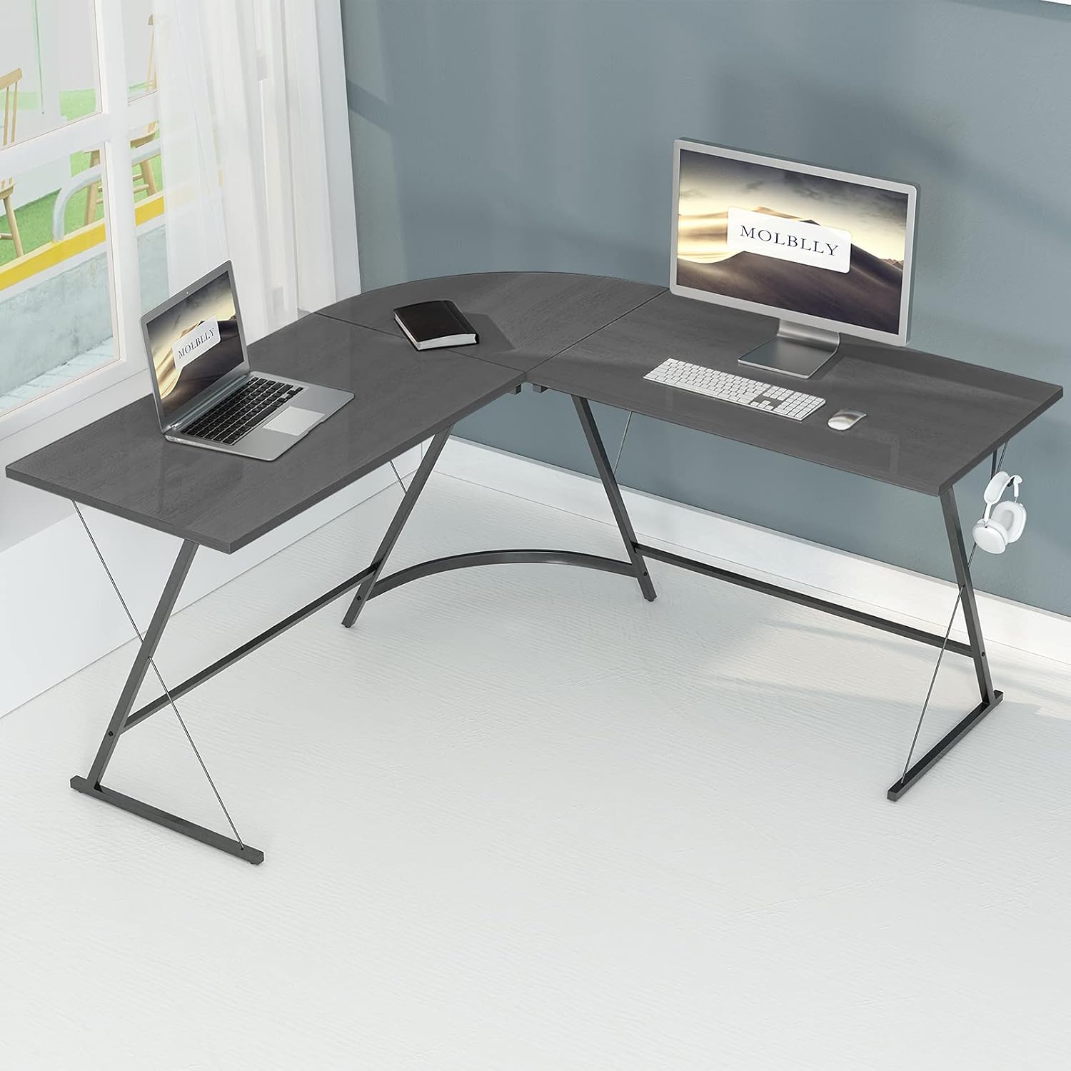 Molblly L Shaped Office Desk, 51'' Corner Computer Desk with Round Corner for Study and Gaming, Modern Simple Style PC Desk Home Office Desks Table Workstation for Small Spaces-Walnut