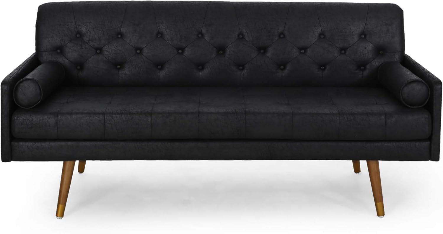 Christopher Knight Home Truda Mid Century Modern Microfiber Sofa with Button Accents, Black, Dark Walnut