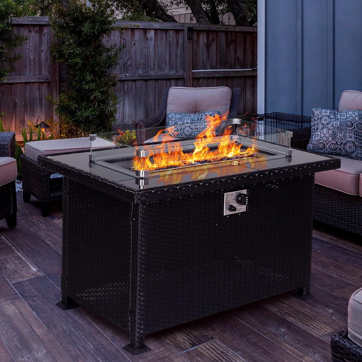 Propane Fire Pit Table Outside Gas Firepits with Wind Guard for Patio Deck, 50,000 BTU 43'' Wicker LP Fireplace Rectangular