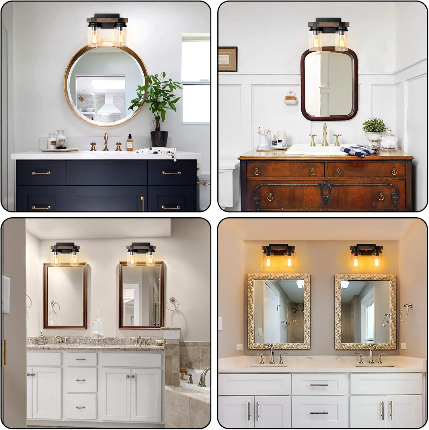 Rustic Bathroom Vanity Lighting Fixtures, 2-Lights Farmhouse Bathroom Light Fixtures Over Mirror with Clear Glass Shade, Black Wall Sconce for Bathroom Hallway Bedroom