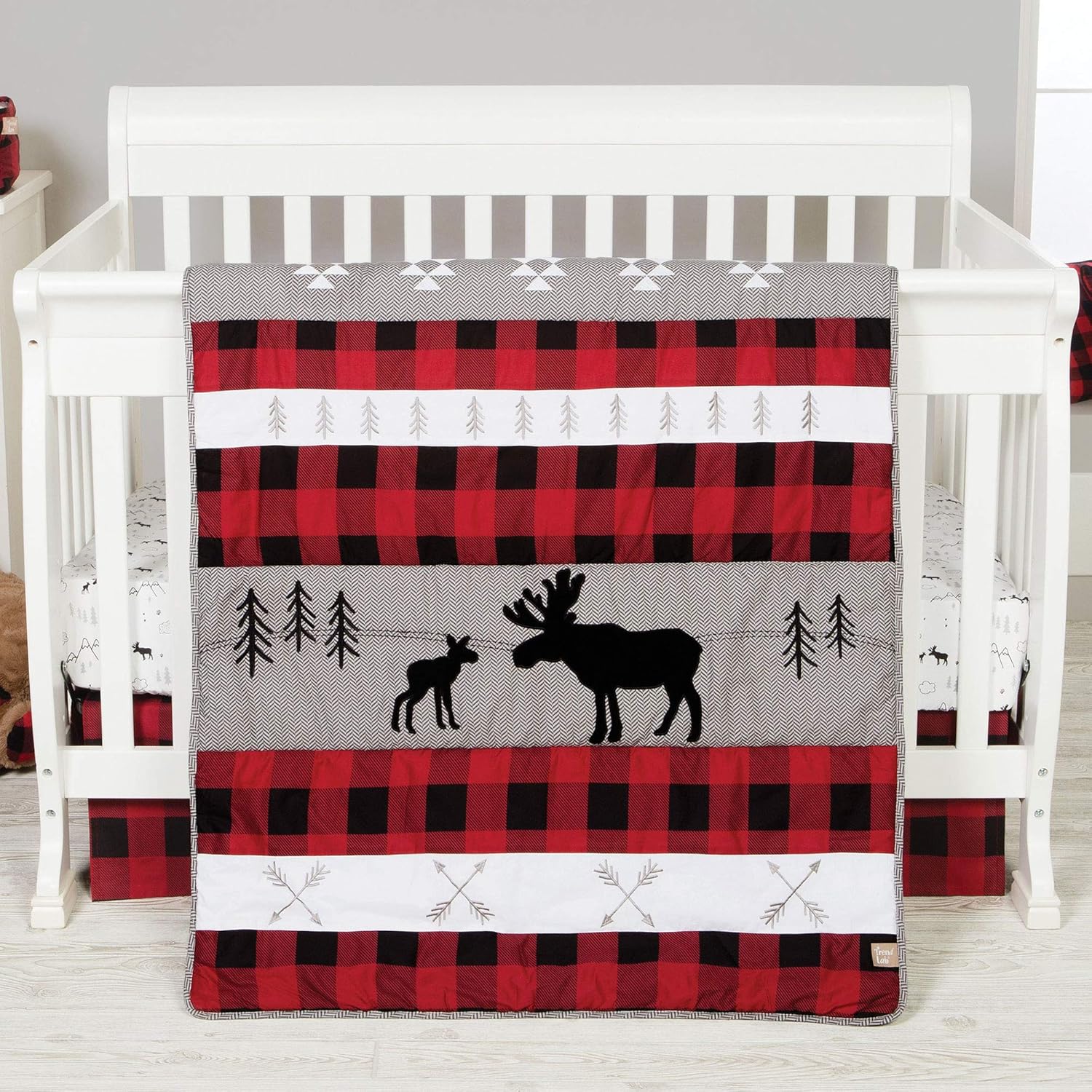 Lumberjack Moose Forest Animal Theme Buffalo Plaid 3 Piece Baby Crib Bedding Set