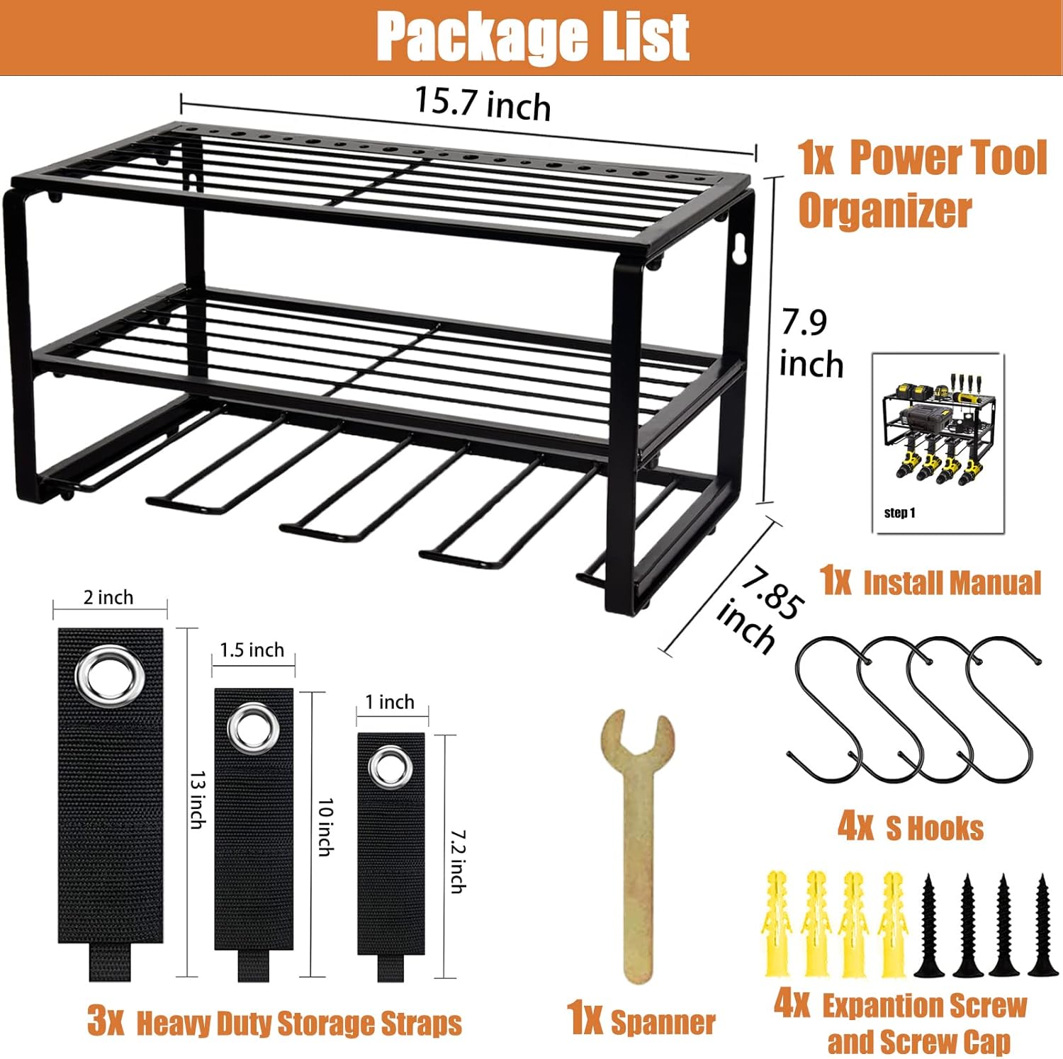 Power Tool Organizer, Garage Organization and Storage, Power Tool Holder Metal Tool Shelf, Utility Storage Rack, Drill Holder Wall Mount for Cordless Drill Screwdriver