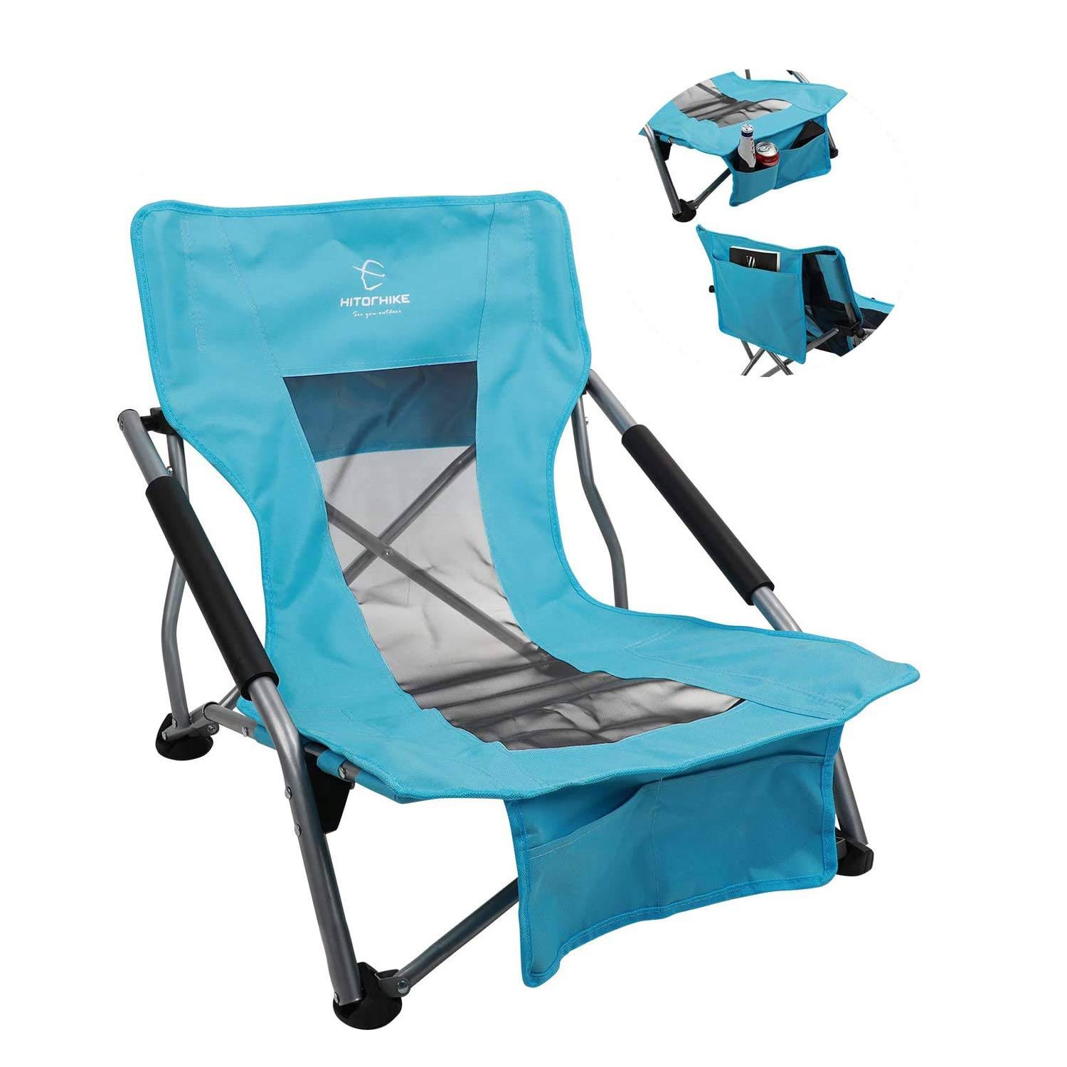 HITORHIKE Low Sling Beach Camping Concert Folding Chair with Armrests and Breathable Nylon Mesh Back Compact and Sturdy Chair