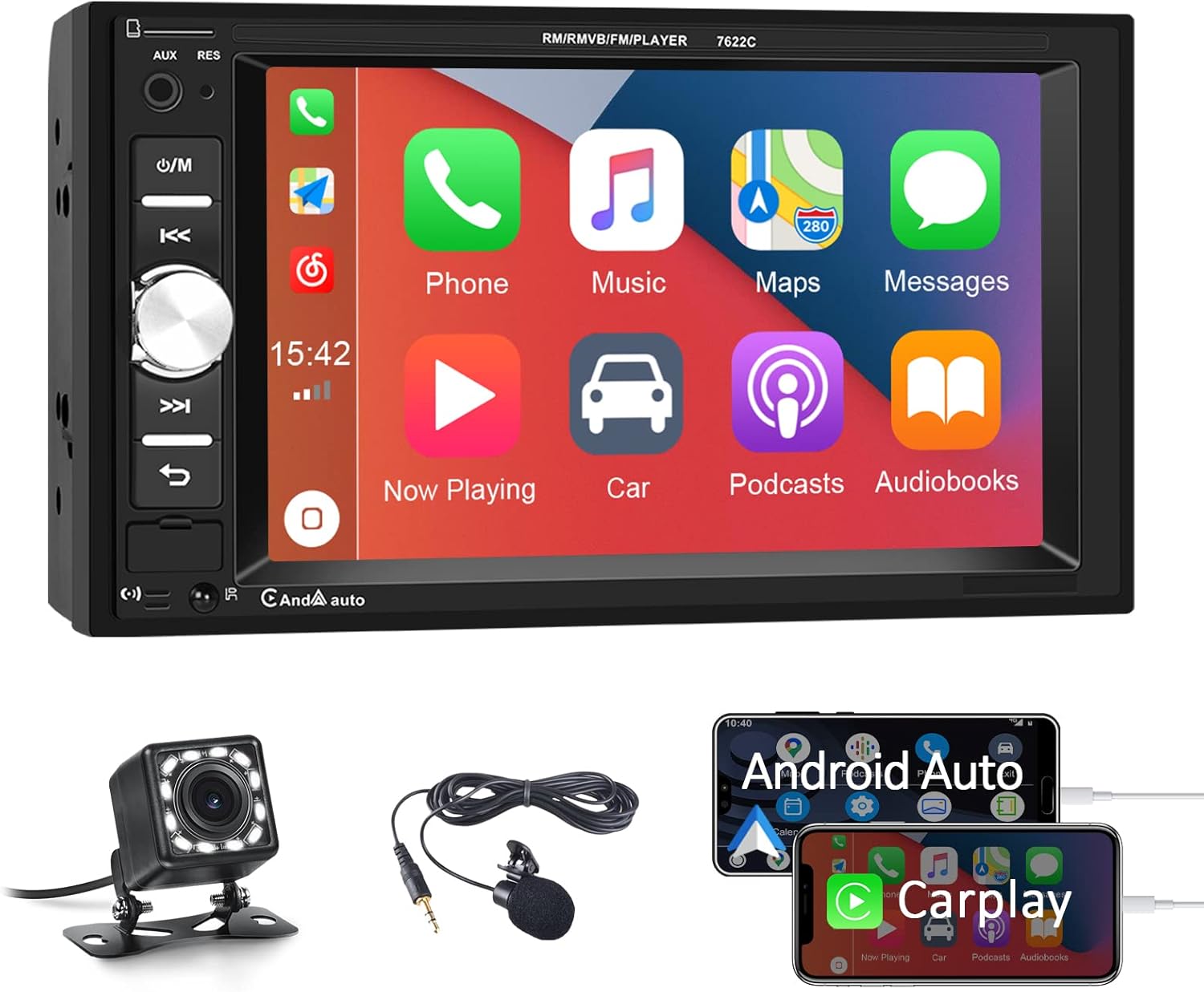 Double Din Car Stereo with Carplay/Android Auto 6.2&ldquo; Touch Screen Car Audio Receivers Bluetooth Car Radio with Mirror Link FM USB SD Aux-in Backup Camera Remote Control Microphone