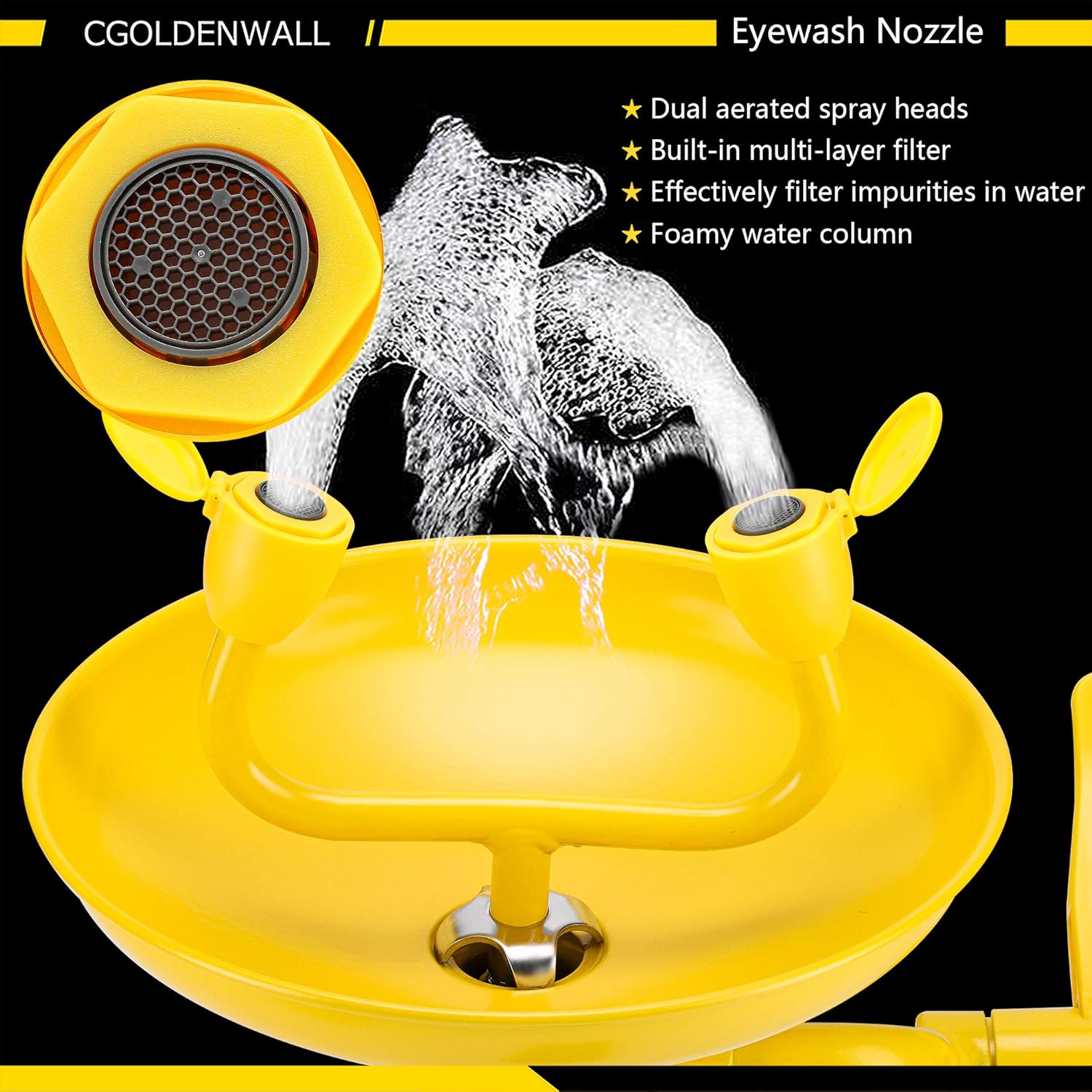 CGOLDENWALL Eye Wash Station Wall Mounted Eyewash Station Eye Face Washing Station for First Aid 304 Stainless Steel+ABS coating+Eye Wash Sign, NPT thread