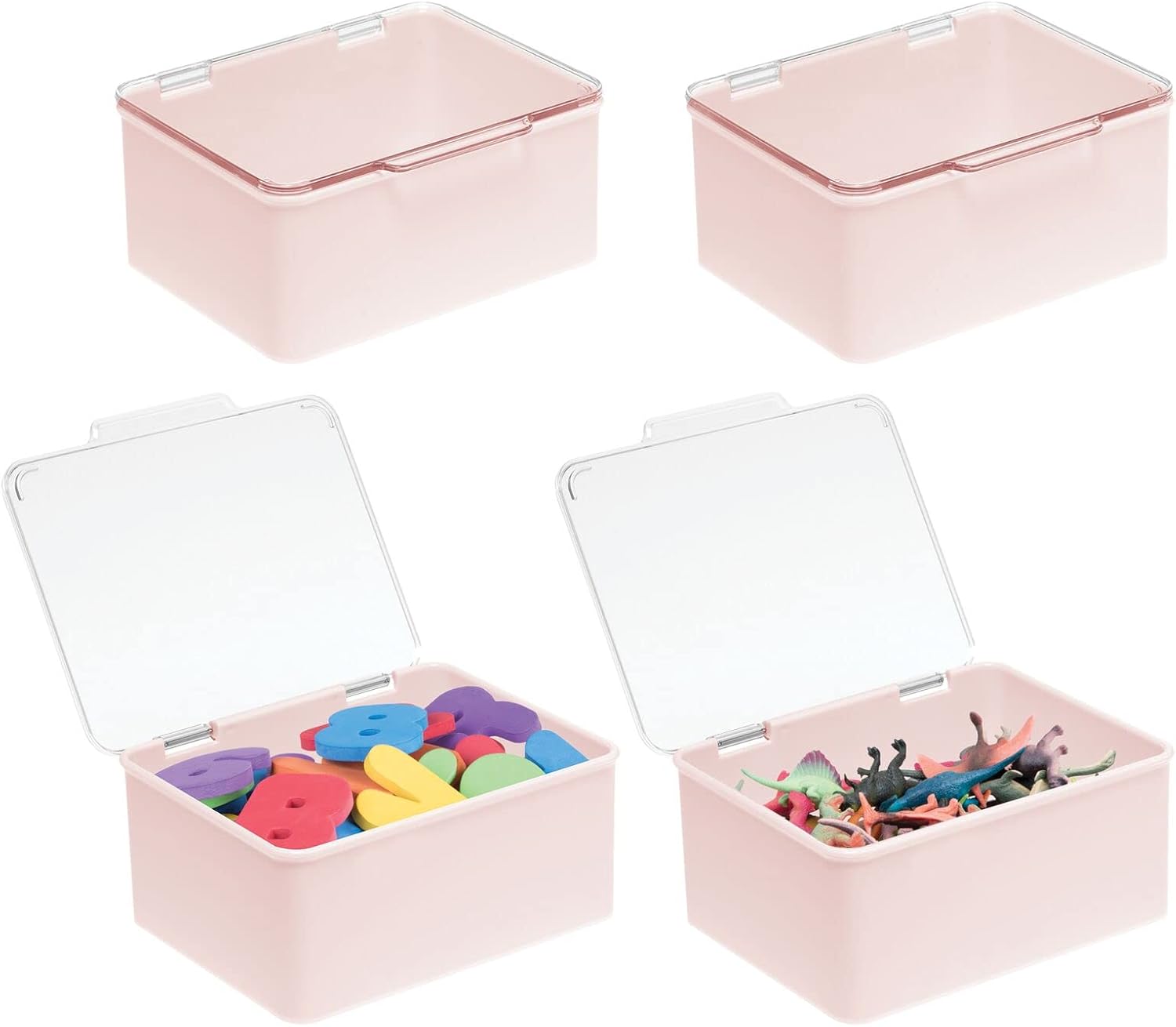 mDesign Playroom Stackable Plastic Storage Box with Lid for Organizing Baby/Child's/Kids Toys, Action Figures, Crayons, Markers, Blocks, Puzzles, Crafts, Crayons, Dog/Cat Toy Box, 4 Pack - Clear/Pink Pack of 2