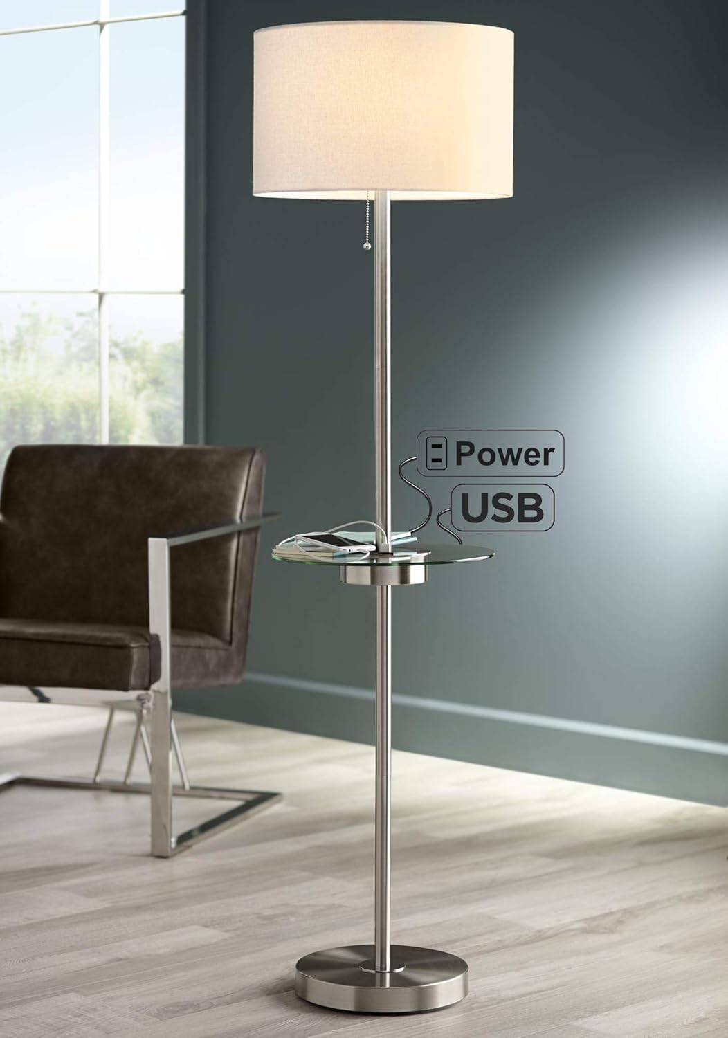 Caper Modern Contemporary Floor Lamp with Tray USB and AC Power Outlet on Table Glass Satin Nickel White Fabric Drum Shade for Living Room Reading House Bedroom Home Office - 360 Lighting